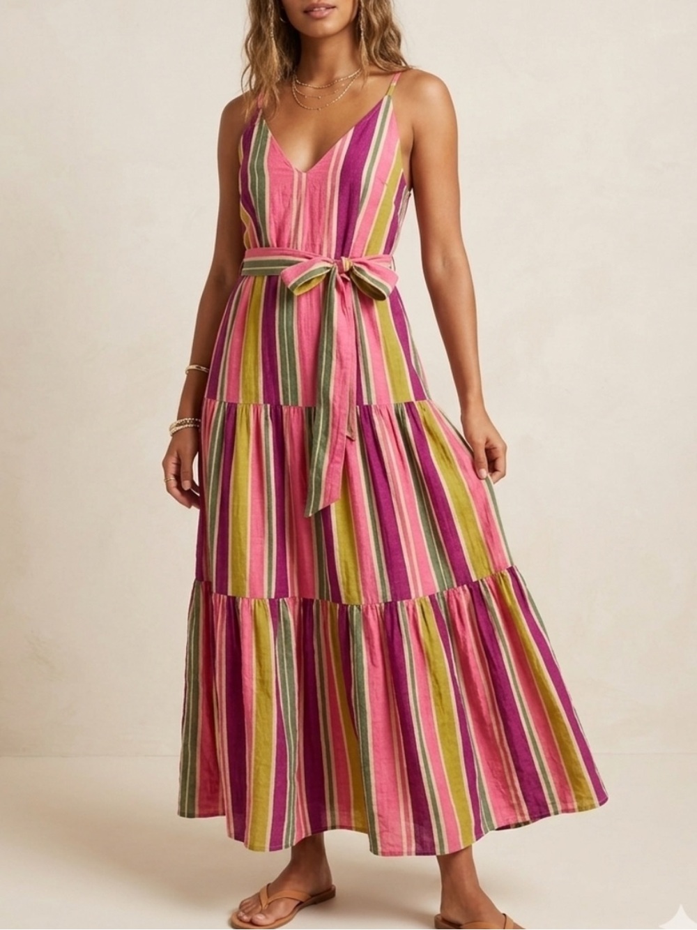 Taylor V-Neck Tiered Multicolor Striped Maxi Dress